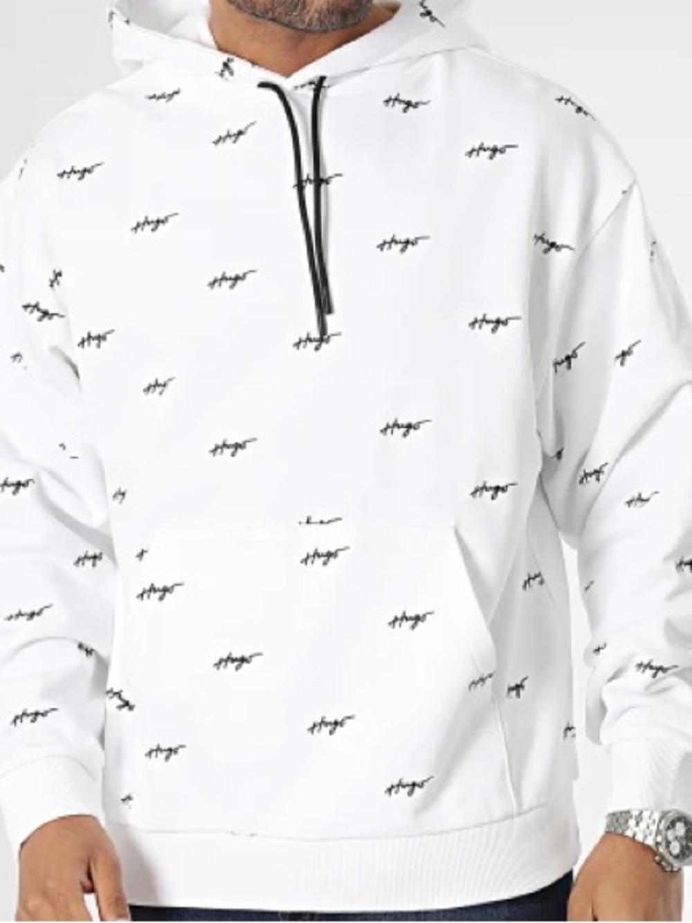 Hugo Boss White Hoodie with Black Script Accents Hugo Size Small